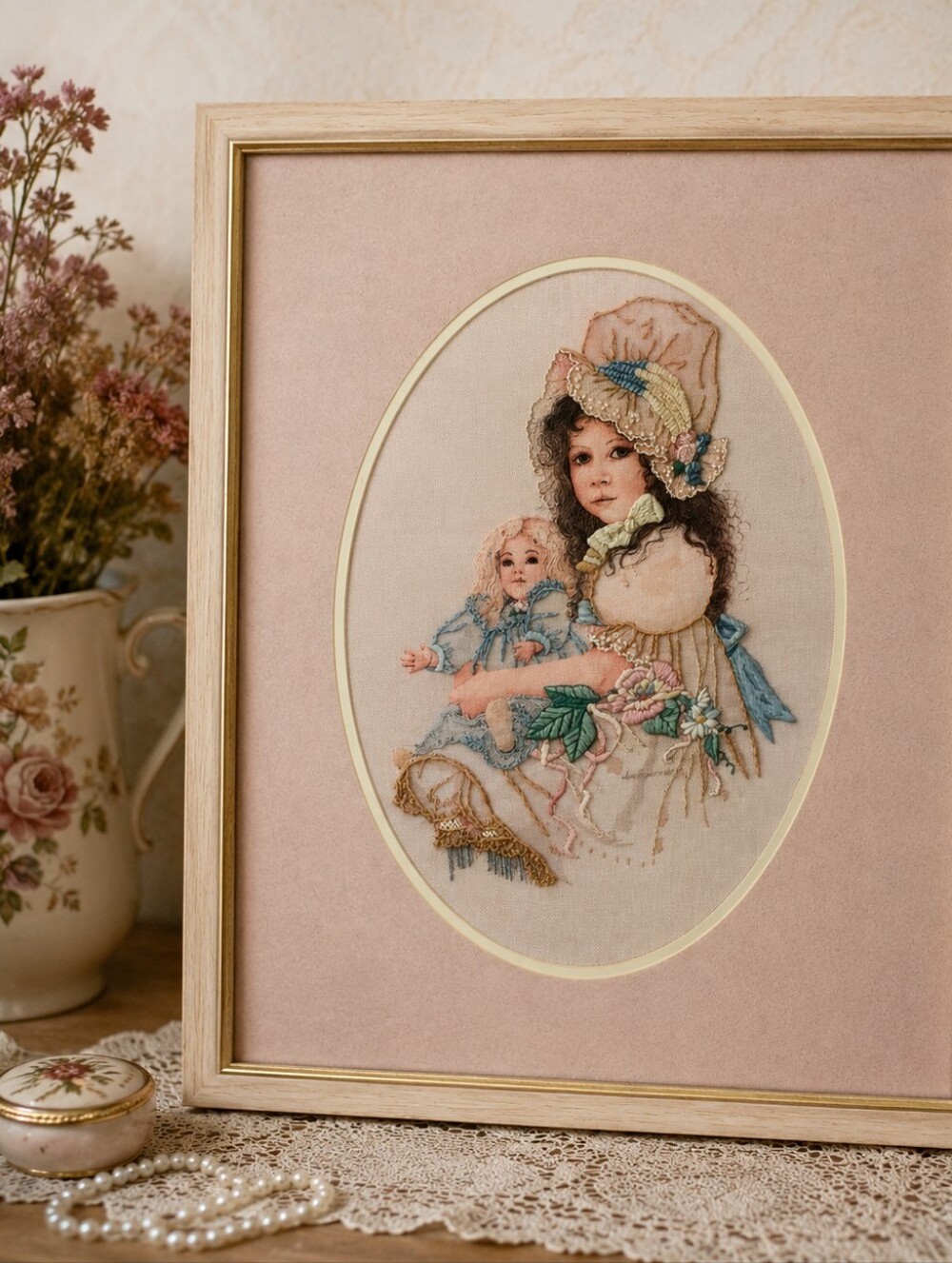 Vintage Jan Hagara “Addie and Her Doll” Dimensions Crewel Embroidery Framed Art